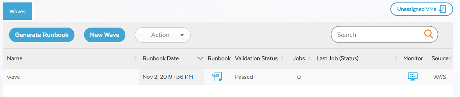 The Runbook Validation Status displays as Passed on the Waves page
