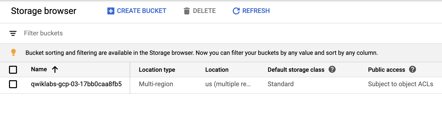 Storage browser containing the relevant bucket