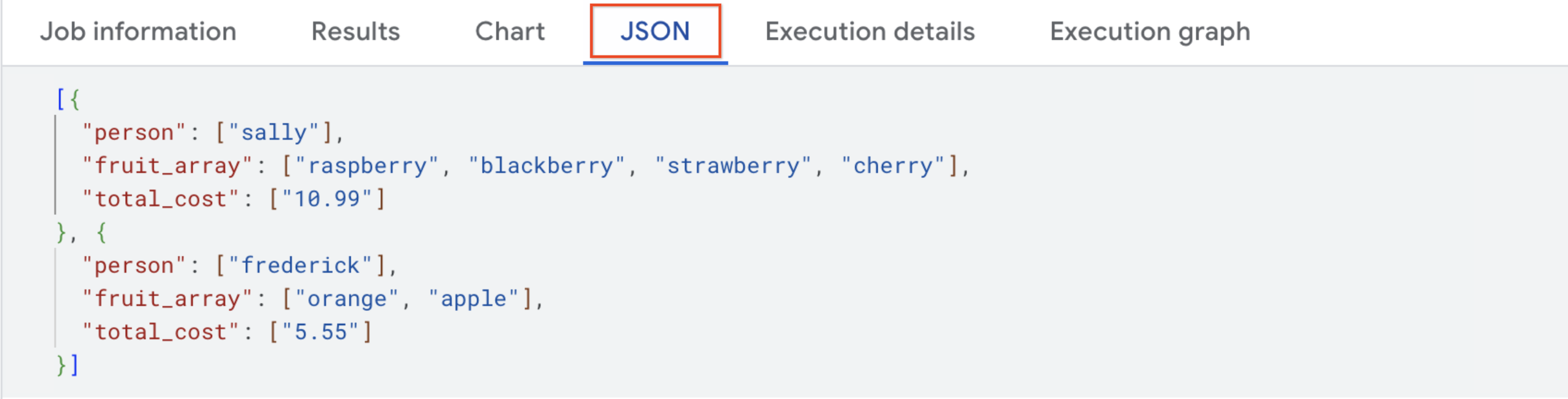 results on the JSON tabbed page