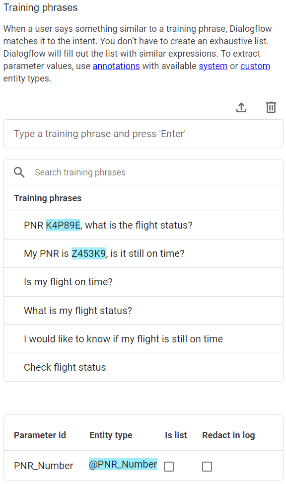 The Training phrases page with the highlighted PNR number
