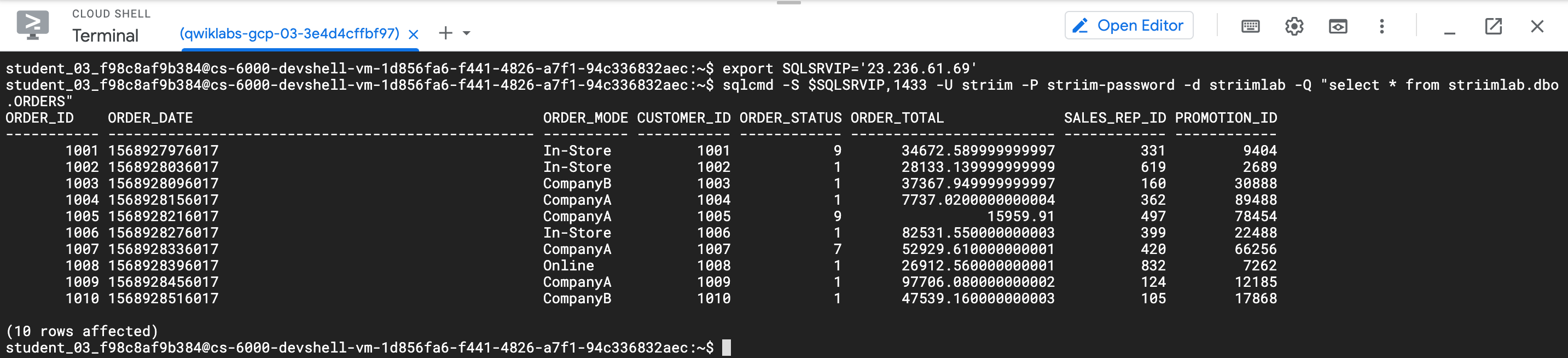 Orders table in the terminal winow