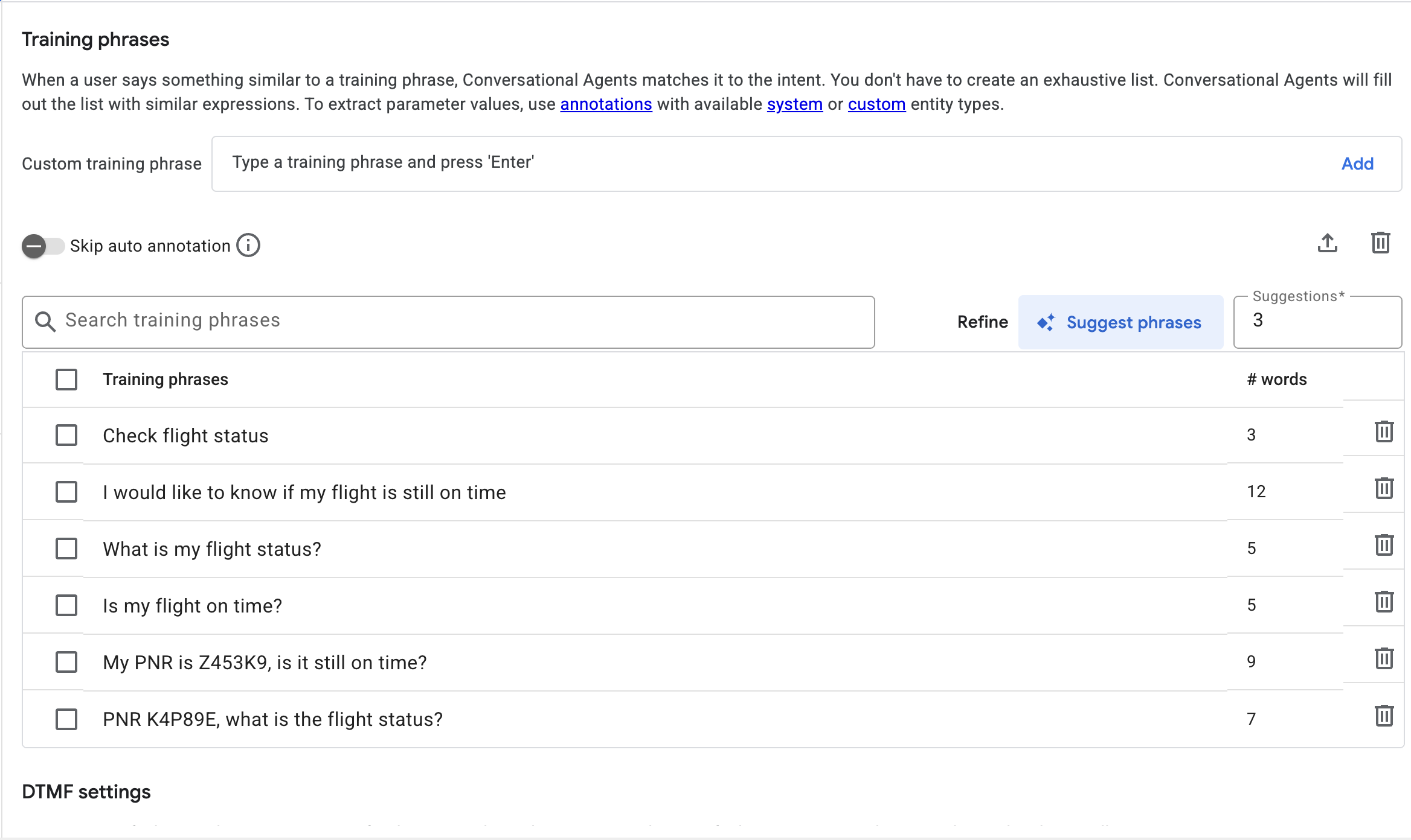 The Training phrases page with the highlighted PNR number