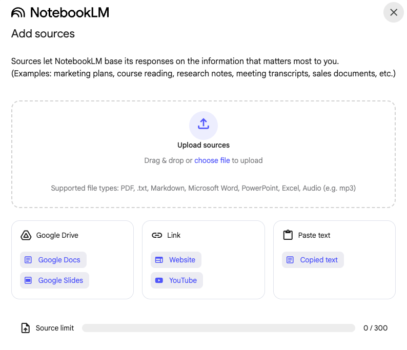 NotebookLM Add Sources Dialog