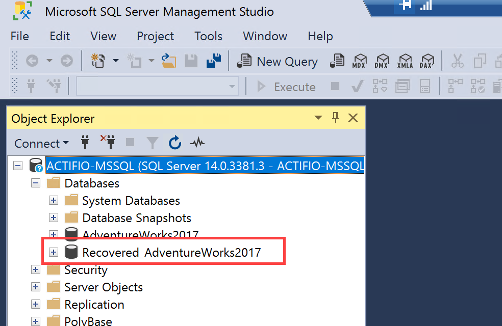 The Recovered_AdventureWorks2017 file highlighted within the Object Explorer pane.