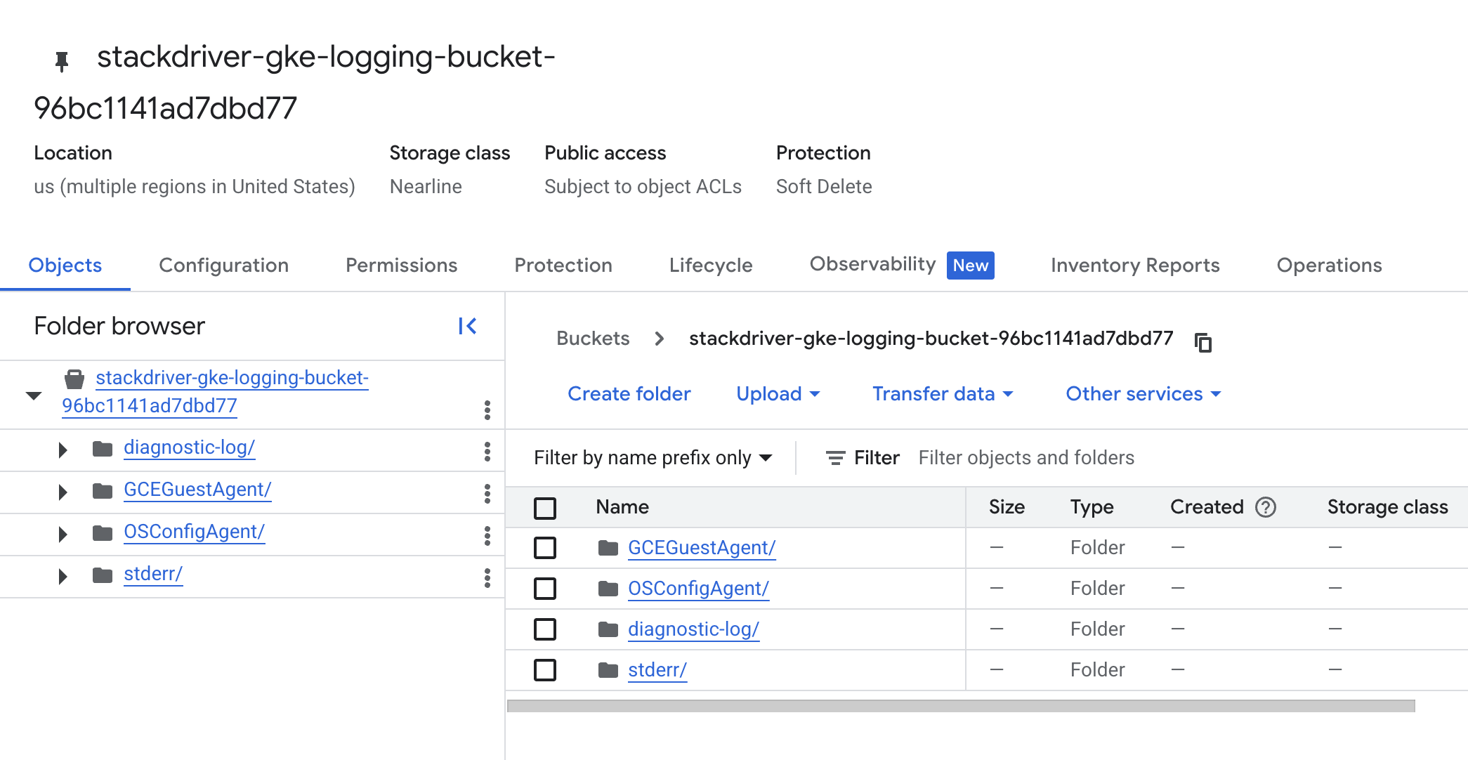 Bucket details window displaying a list of folders on the Objects tabbed page
