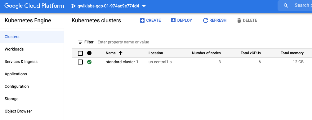 Kubernetes cluster page with standard-cluster-1 displayed
