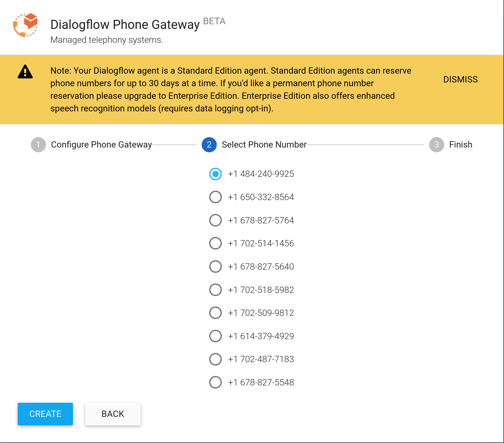 Dialogflow Phone Gateway. Second step: Select Phone Number