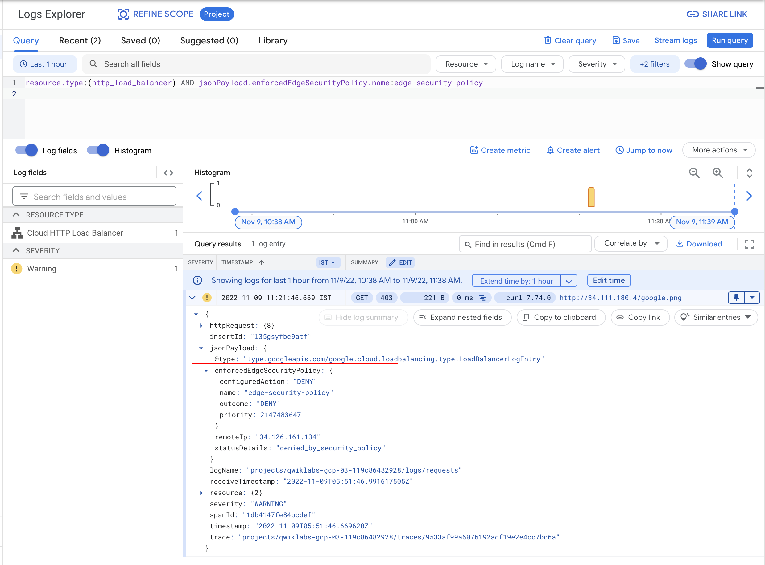 The Query page, which includes the highlighted 403 response message and its security policy