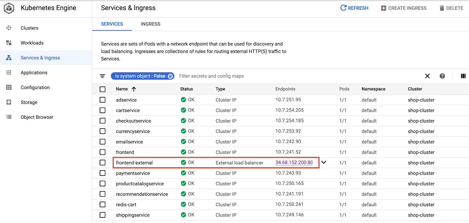 The Services and Ingress page displaying the highlighted frontend-external IP address