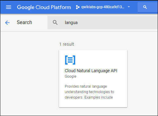 The result 'Cloud Natural Languages API' below the search bar.