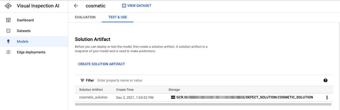 The Solution artifact section on the Test and Use tabbed page