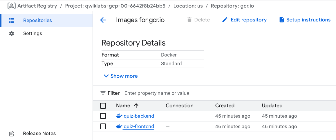 The two pods listed in the container registry
