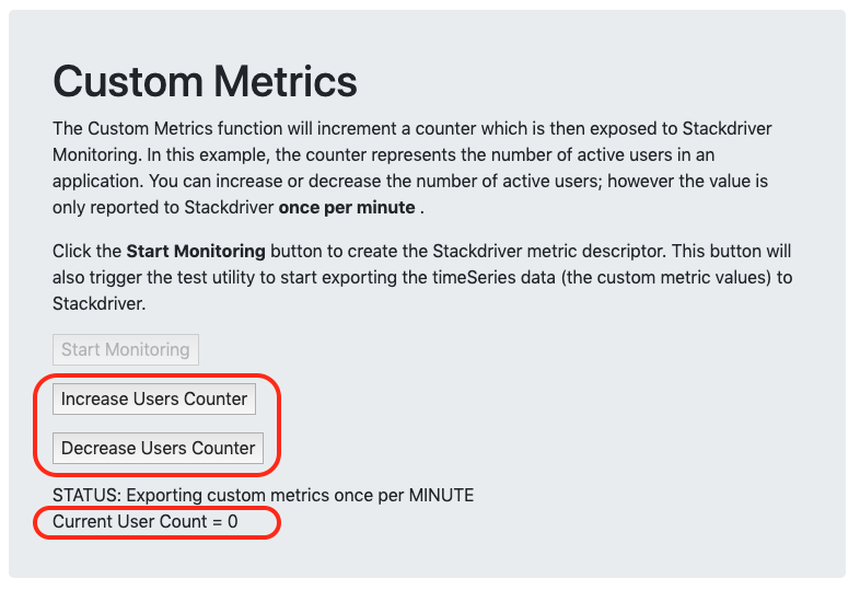 Highlighted Increase Users Counter and Decrease Users Counter buttons. The Current User Count equals zero.