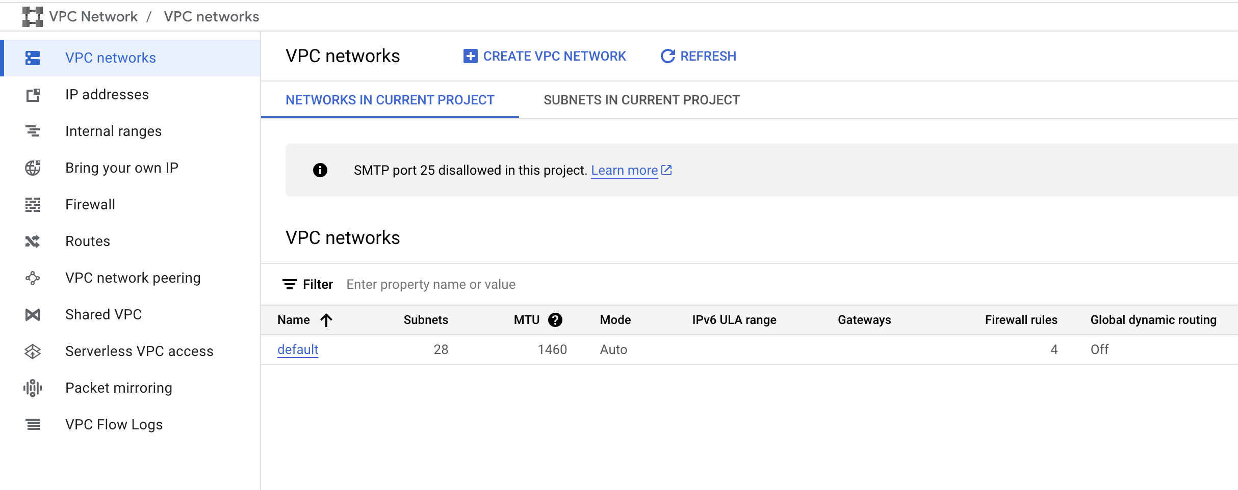 The VPC networks page displaying a list of network including their associated information such as IP address ranges and gateways 