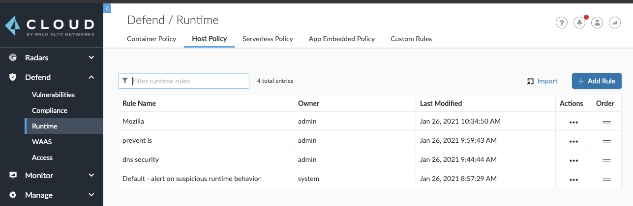 Runtime, Host Policy tabbed page