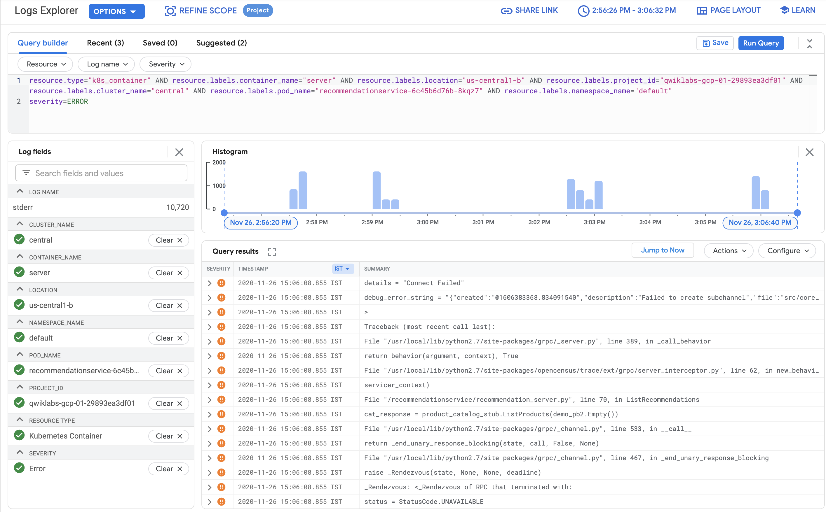 The Logs Explorer page open on the Query builder tabbed page, displaying a list of errors in the Query results section