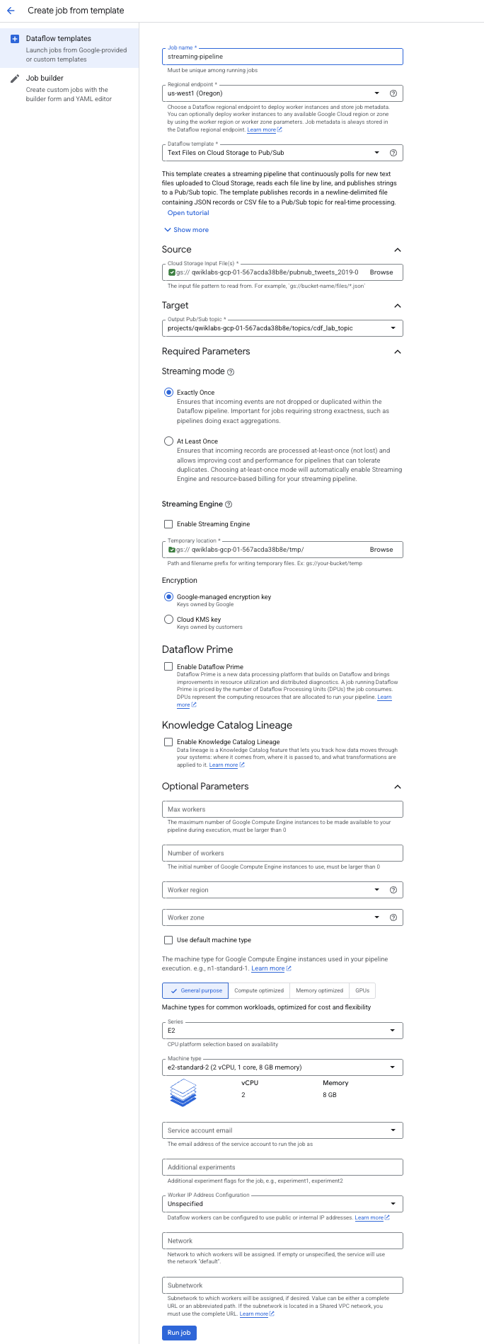 Create job from template dialog