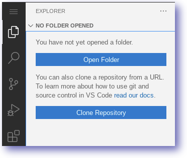 The Explorer panel, which includes the Open Folder and Clone Repository buttons.