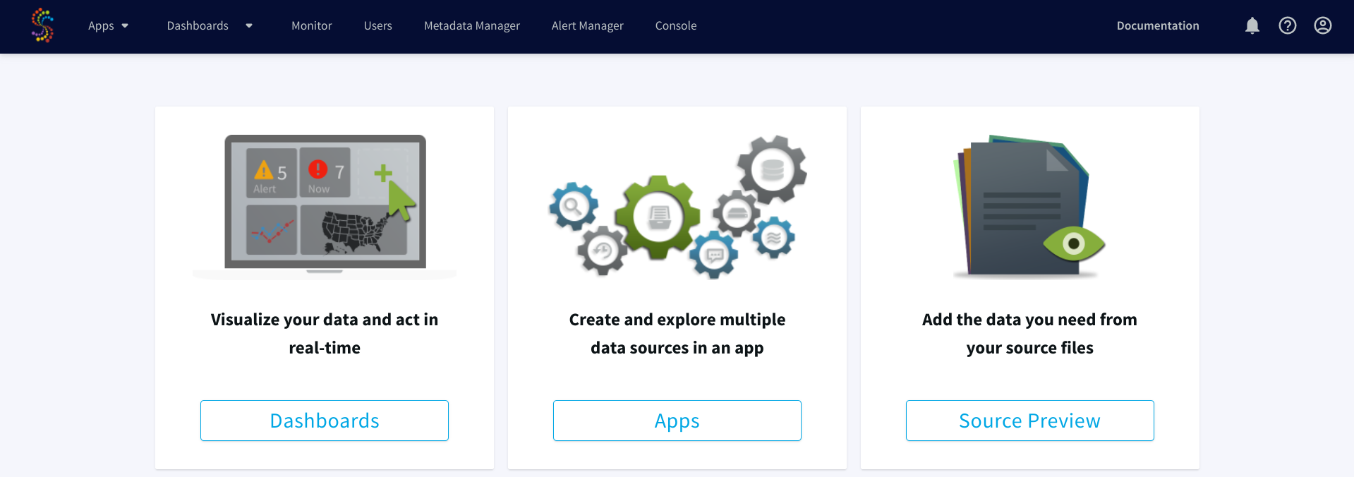 The Striim administrator console, which includes the Dashboard, Apps, and Source Preview tiles.