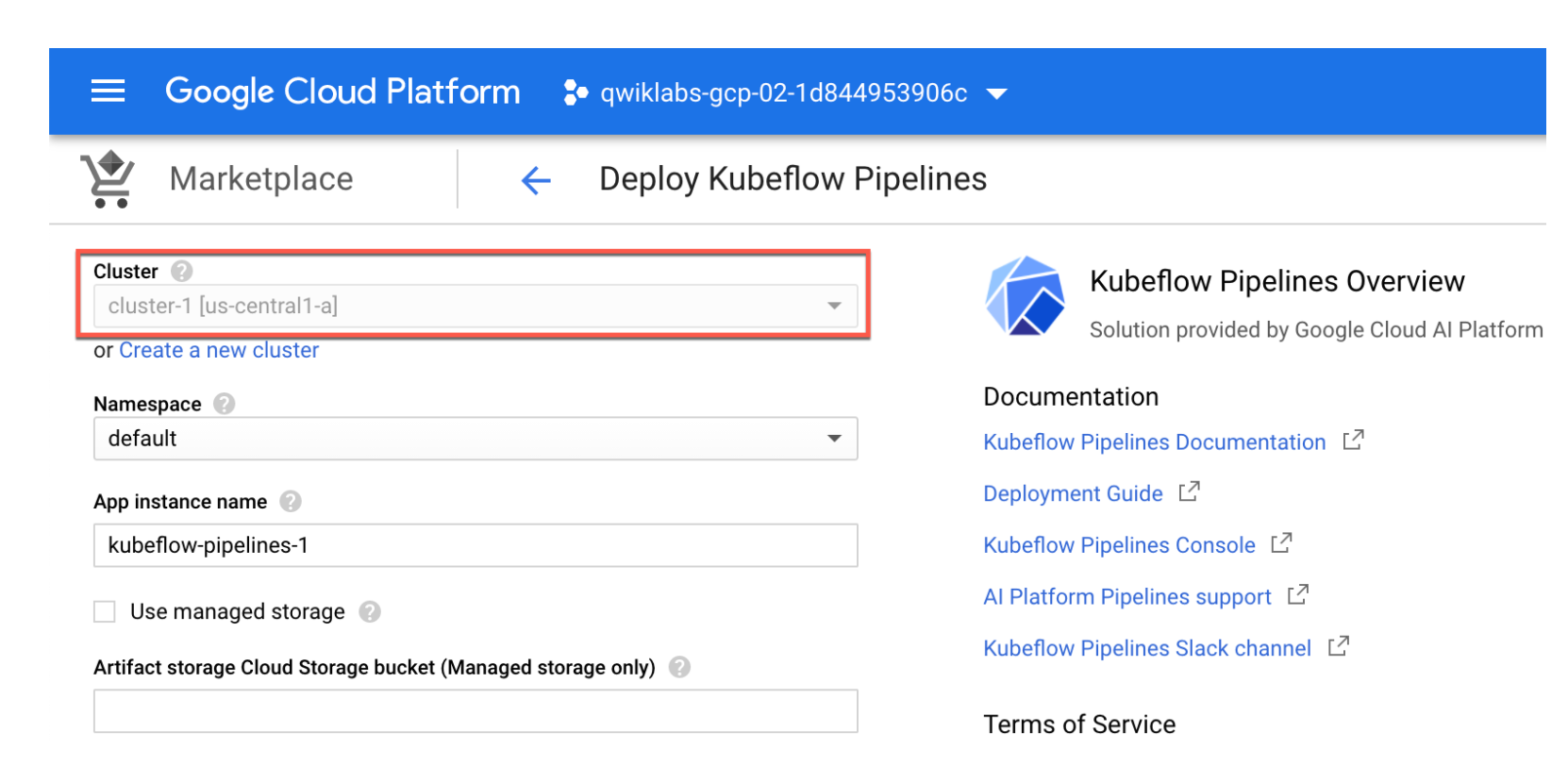 The Deploy Kubeflow Pipelines page, wherein the Cluster field is highlighted; cluster-1 [us-central1-a]