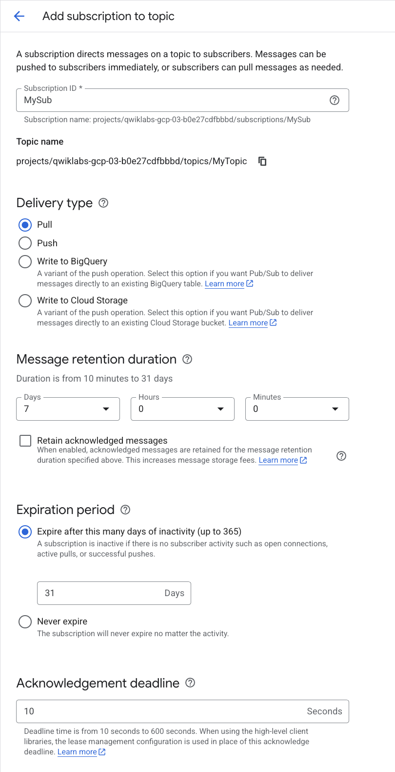Add subscription to topic dialog box