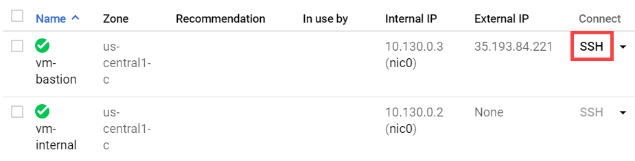 The SSH inline with vm-bastion highlighted on the VM list