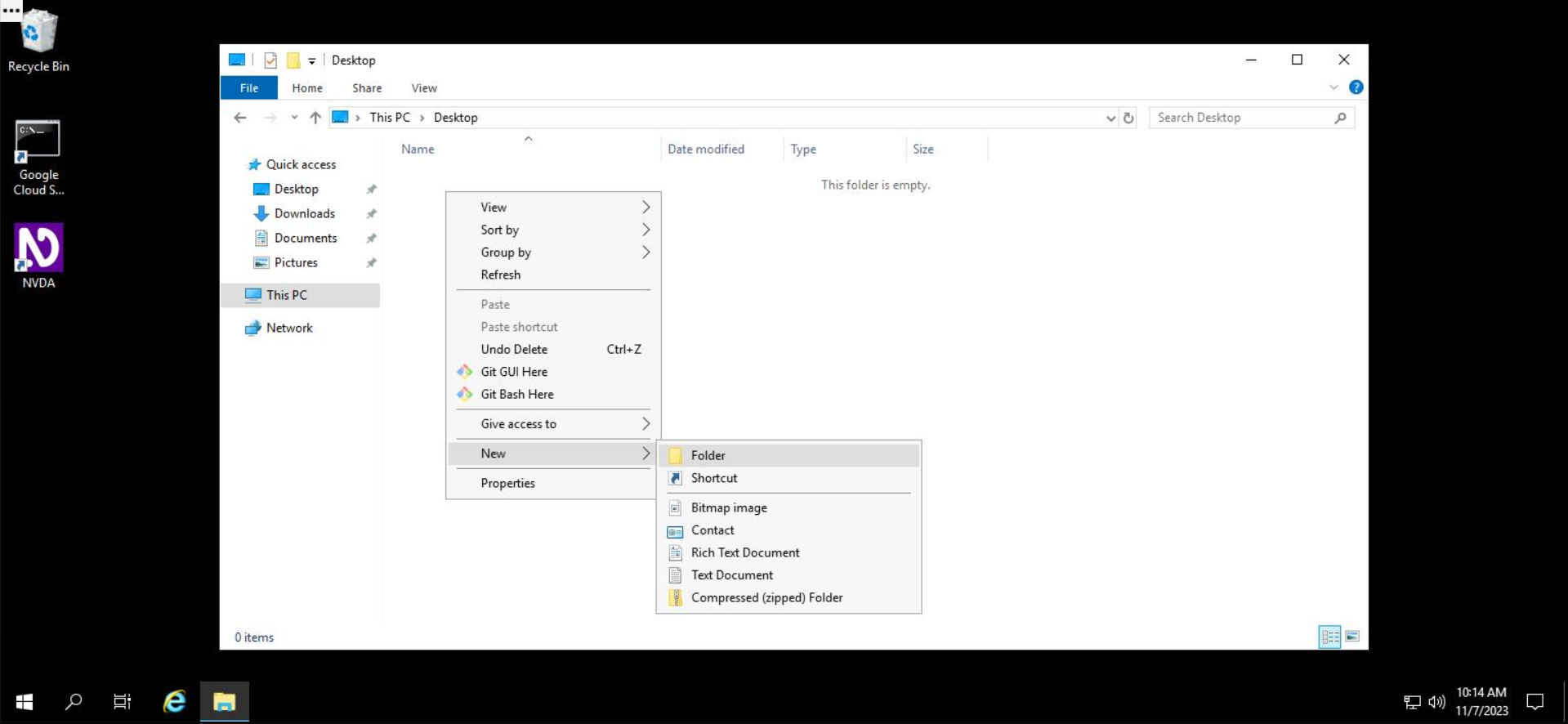 Screenshot of a Windows desktop, open to File Explorer. Within File Explorer, the user has selected "This PC" and then "Desktop" and has accessed the right-click / context menu for "Desktop". Within the right-click / context menu, the user has selected "New" and then "Folder" with their cursor to create a new folder on the Desktop.