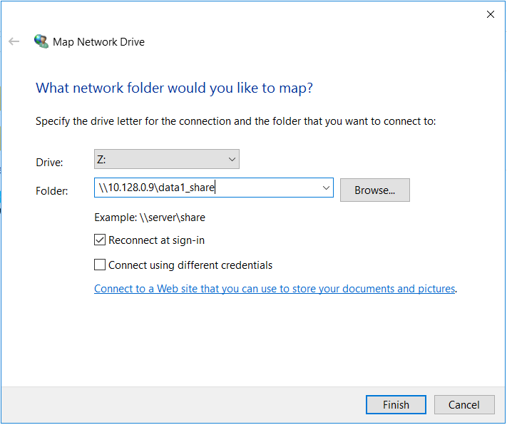 The Map Network Drive page reflecting the aforementioned updates