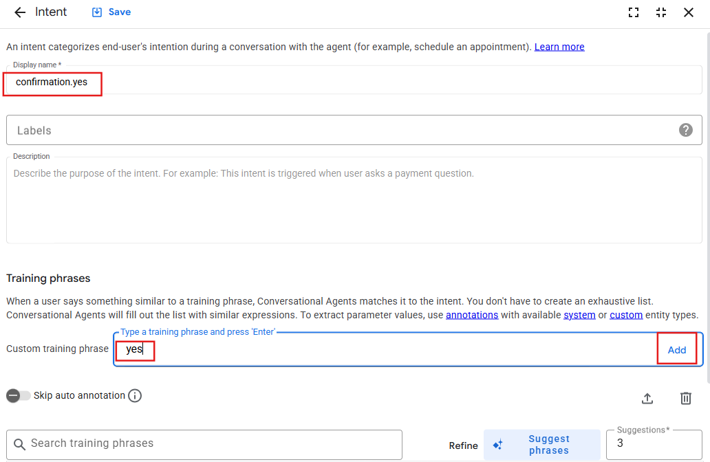 Training phrases section with yes and correct populated in the text field
