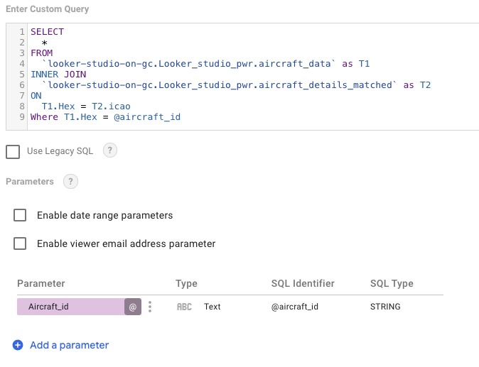 Looker Studio custom BigQuery SQL