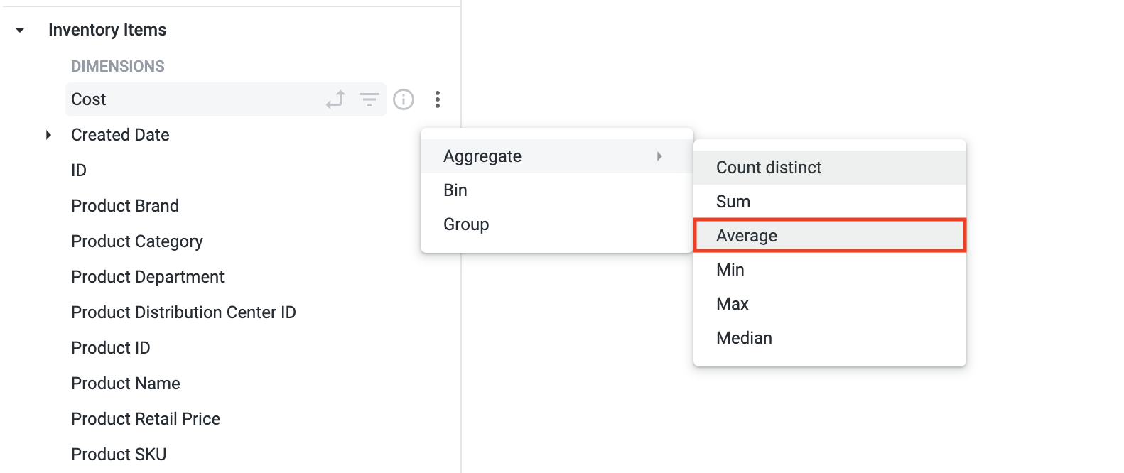 Expanded More dropdown menu with Average option highlighted in the Aggregate submenu