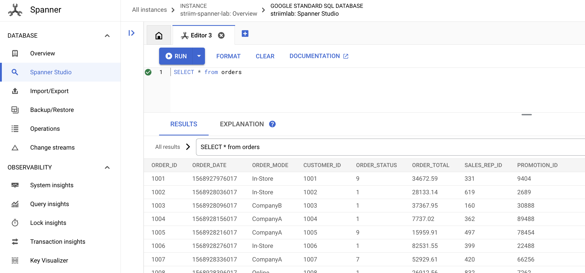 Spanner Database query results