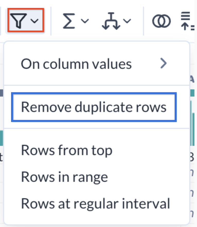 Drop-down-Menü „Zeilen filtern“ mit Option „Doppelte Zeilen entfernen“ hervorgehoben