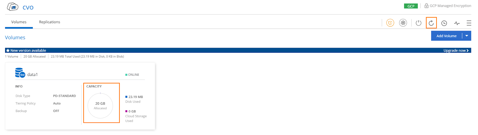 The BlueXP's Volumes page displaying the highlighted Capacity section and Refresh button