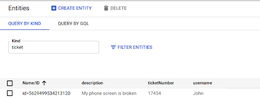 Query by kind tabbed page listing Ticket entities