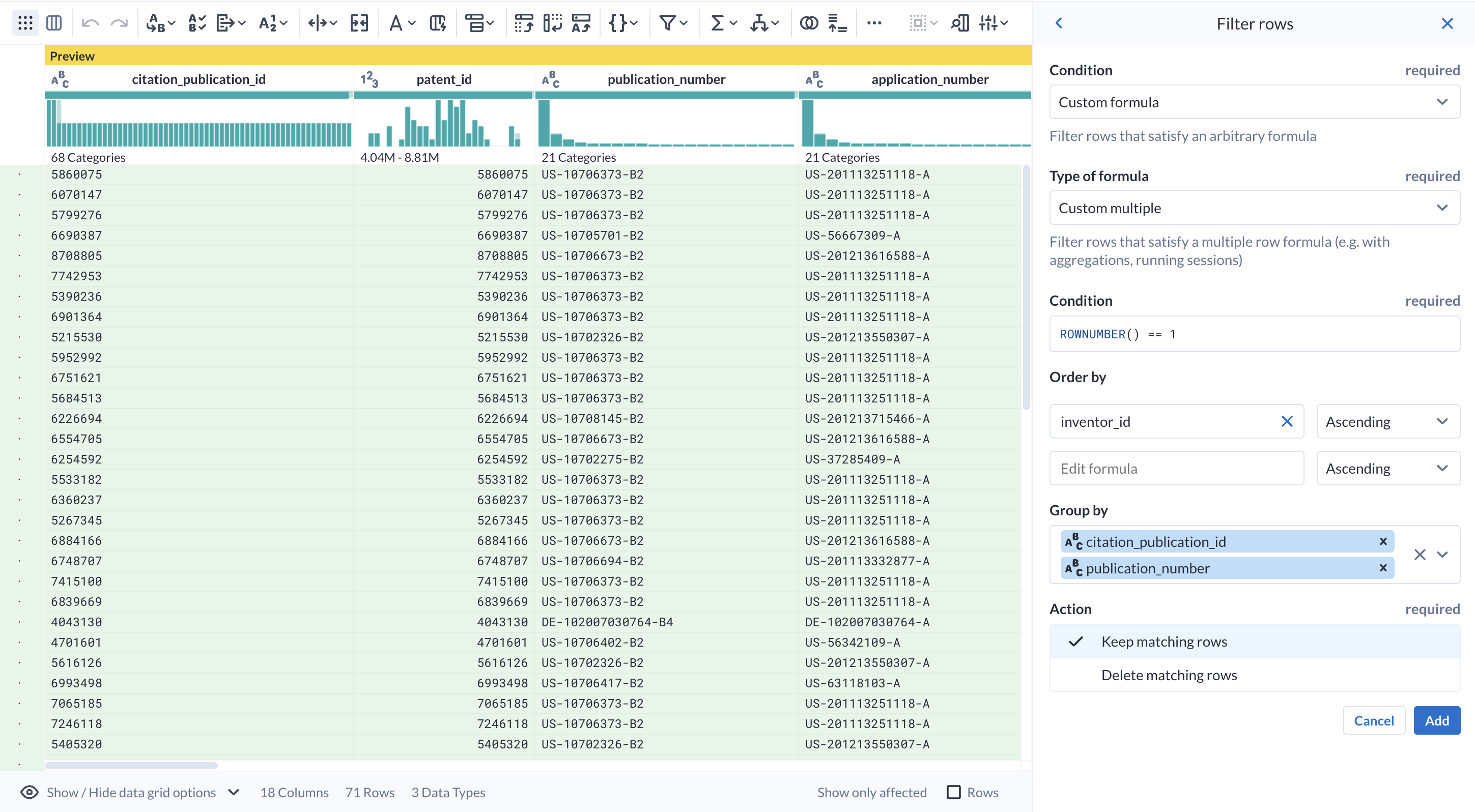 Publications table, Filter  panel displaying populated fields