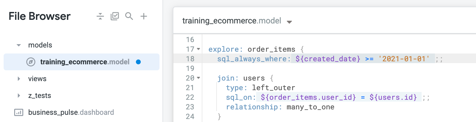The filter sql_always_where: ${created_date} >= '2021-01-01' ;; within the training_ecommerce model.