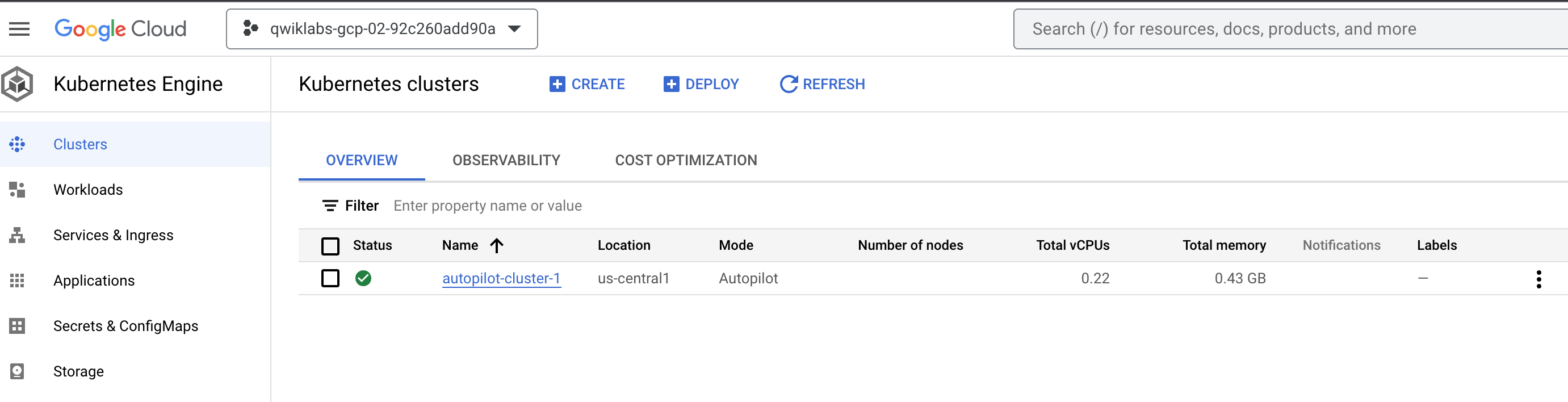 Kubernetes Clusters page displaying details such as location, cluster size, total cores, and total memory for autopilot-cluster-1