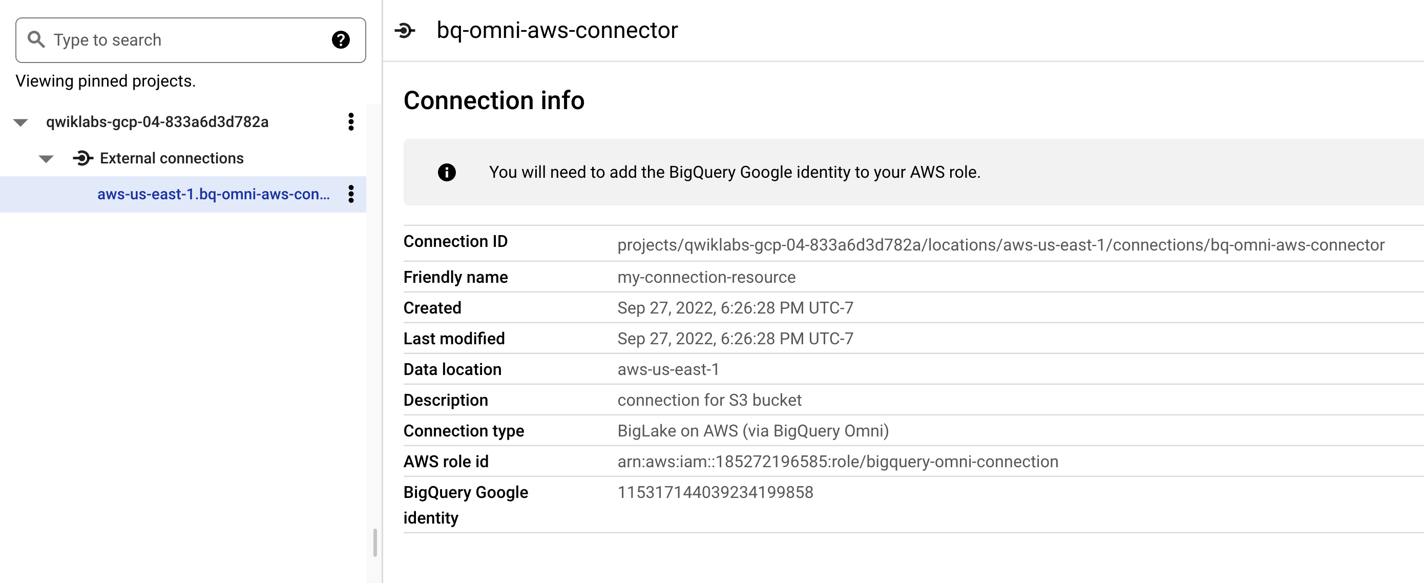 bigquery connection resource info
