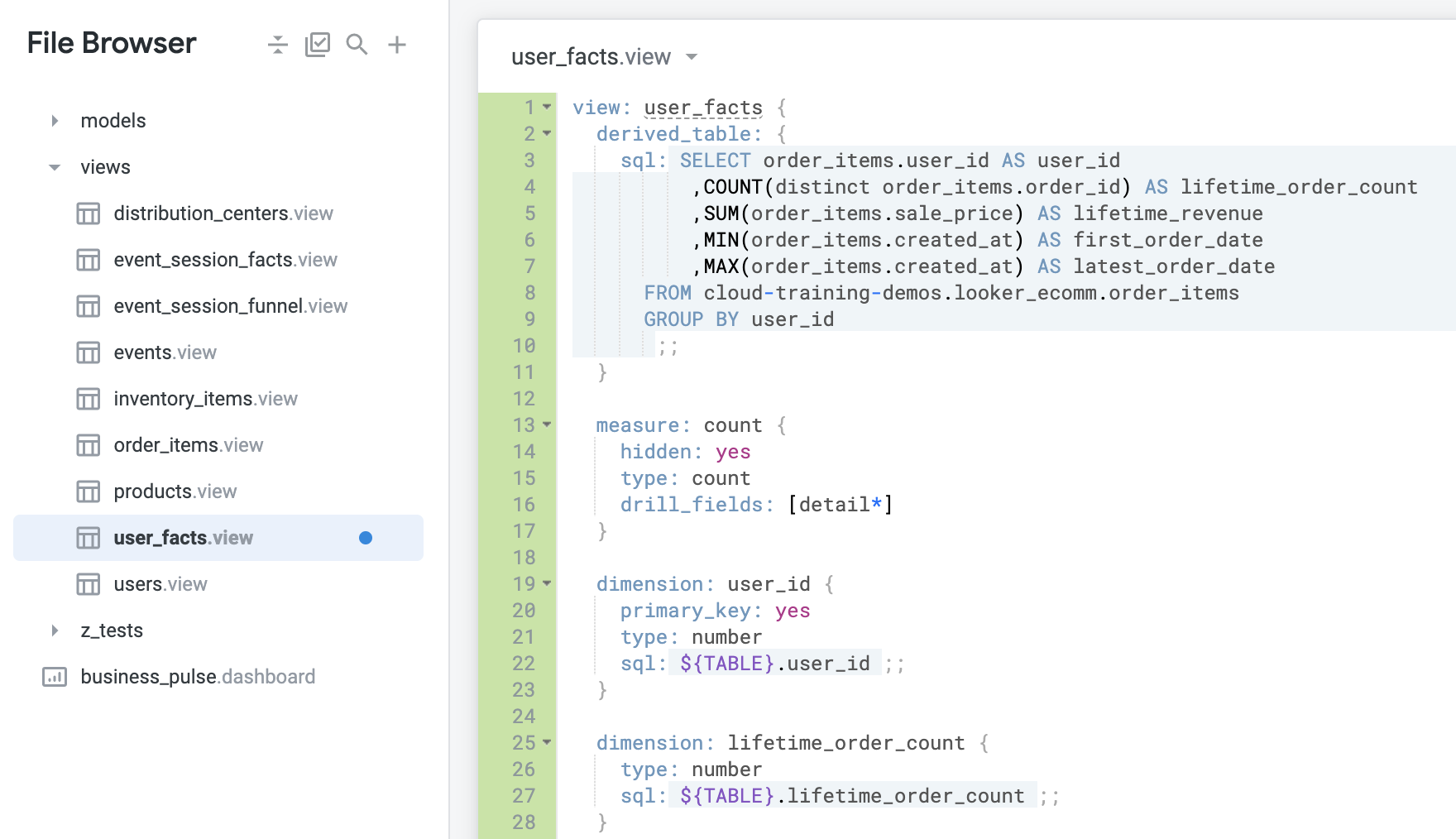 The user_facts.view displaying 28 lines of code