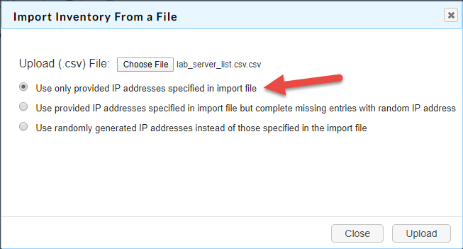 The Import Inventory From a File window, with the first option highlighted, and the Upload button displayed.