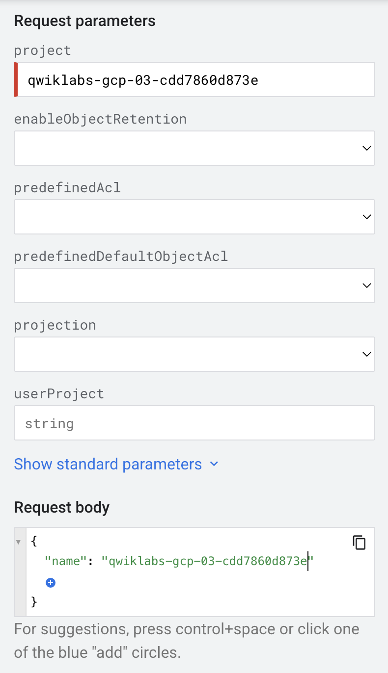 [Request parameters] ダイアログ ボックスの [Request body] セクションに表示されているメソッド