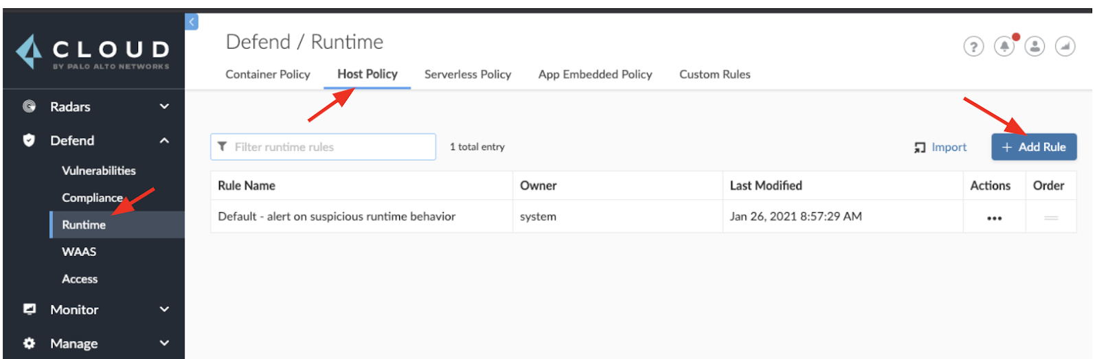 Host policy tabbed page