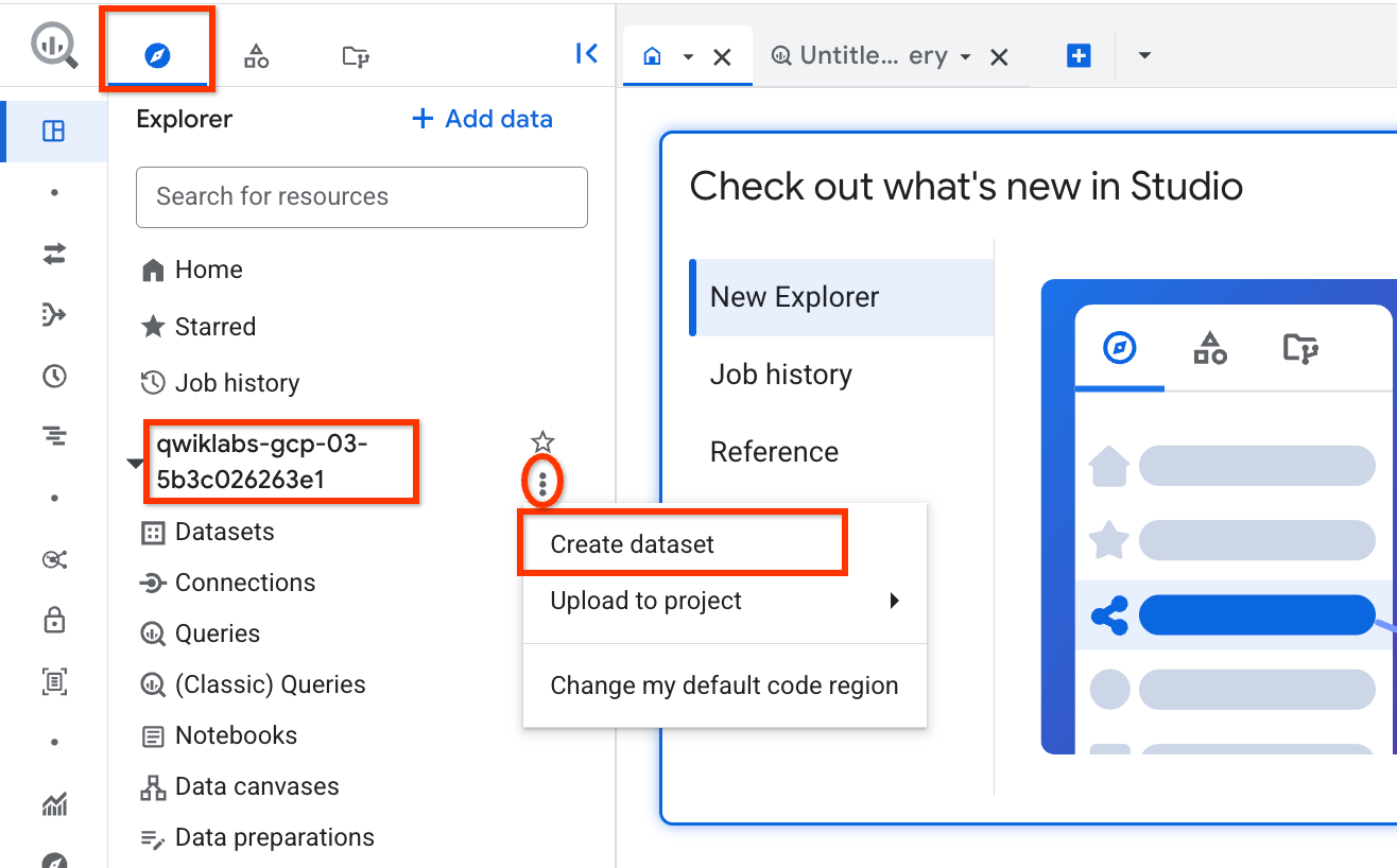 Create dataset option highlighted