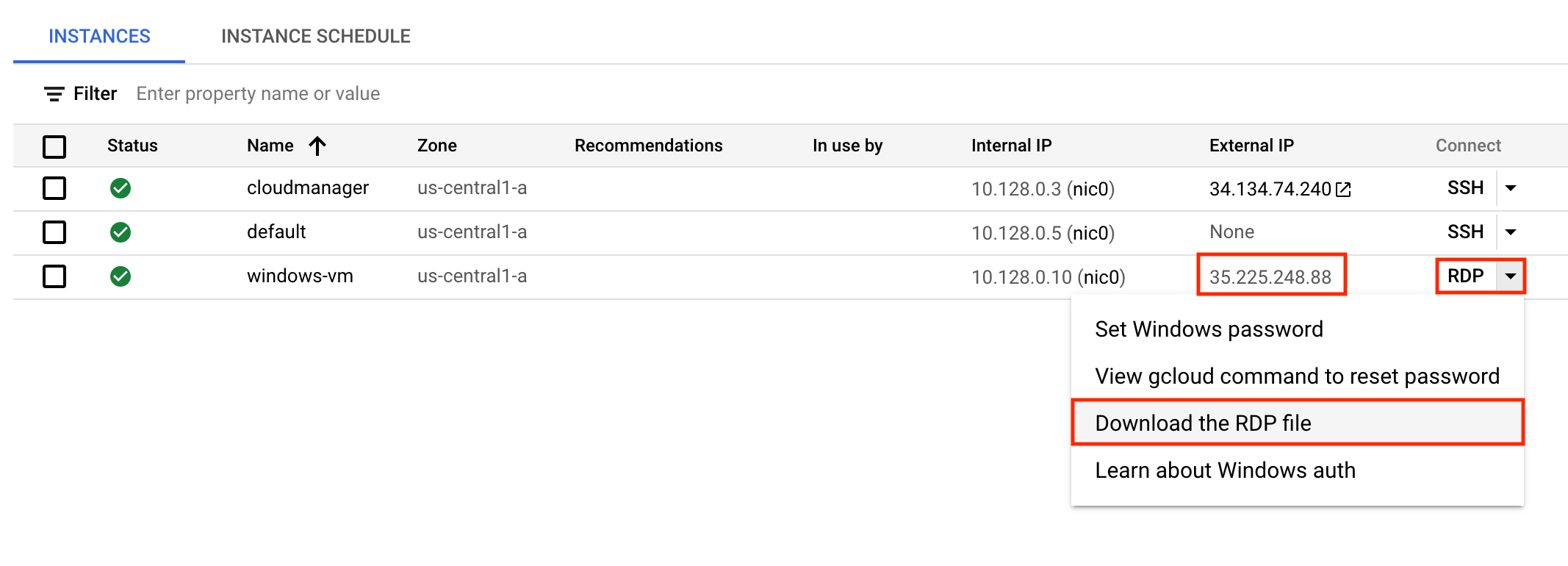 The expanded Connect/RDP menu displaying the highlighted Download the RDP file option, and the highlighted External IP address