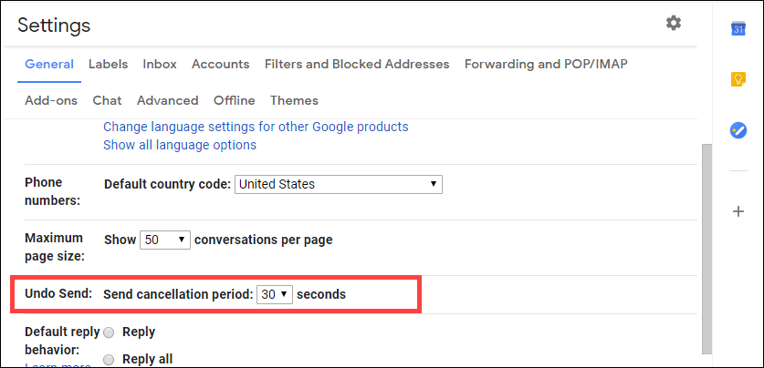 The Undo Send feature location on the Settings' General tabbed page