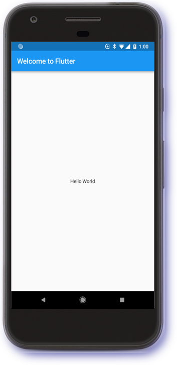 A mobile, with the Welcome to Flutter app open and displaying the text 'Hello World'.