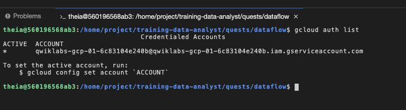 Terminal dislaying the gcloud auth list command