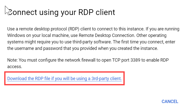 The download link highlighted within the RDP client pop-up. 