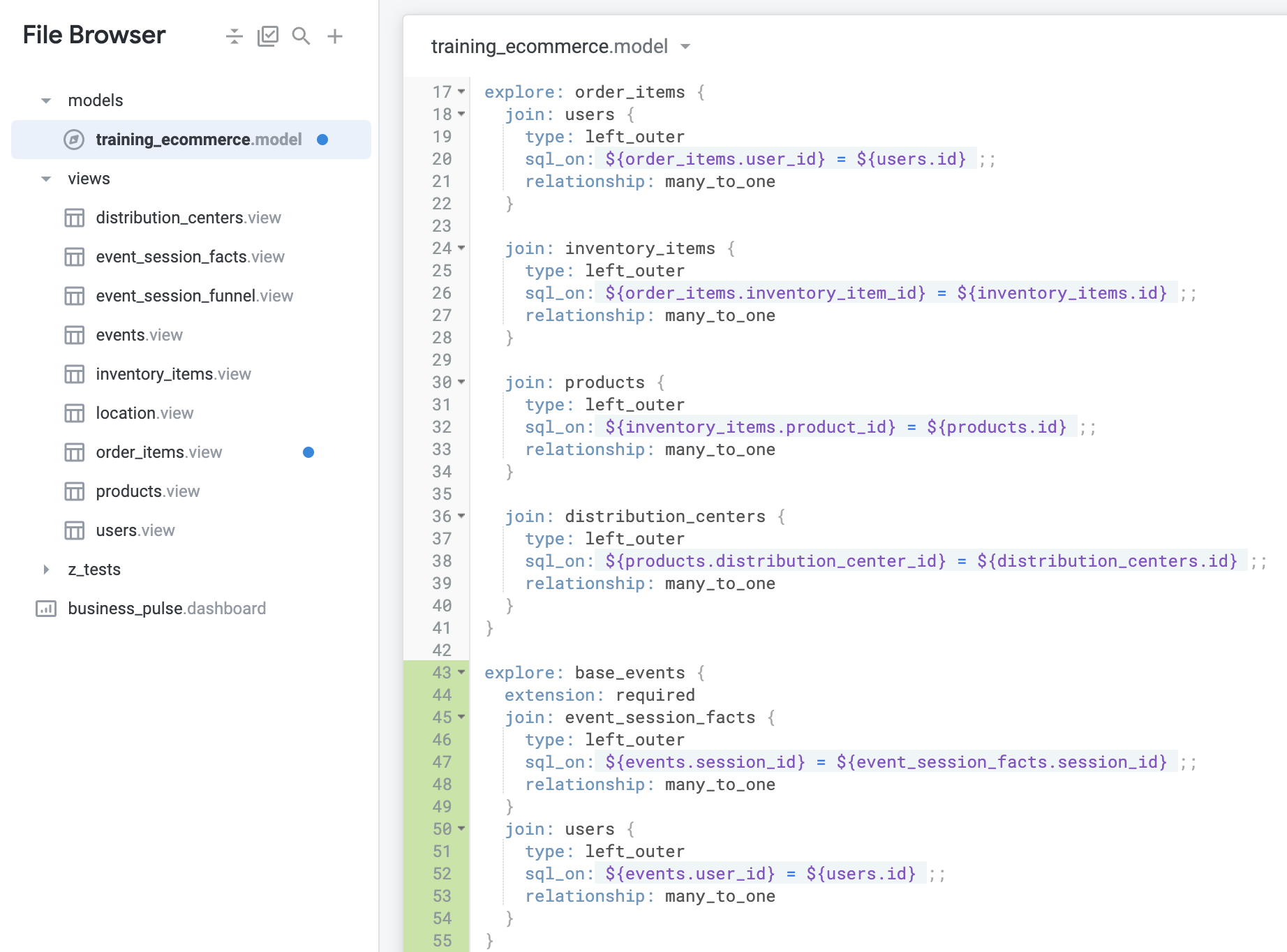 The open training.ecommerce.model file with the added lines of base_events explore code highlighted